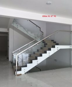 Cầu thang kính không trụ tay vịn inoxi